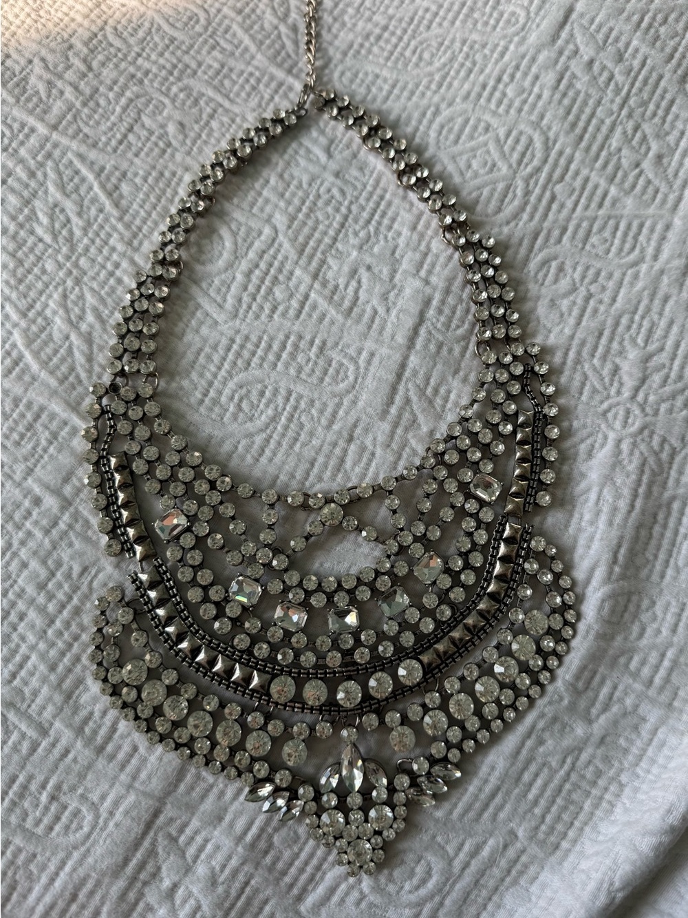 Crystal Statement Bib Necklace - Silver Clear Rhinestones